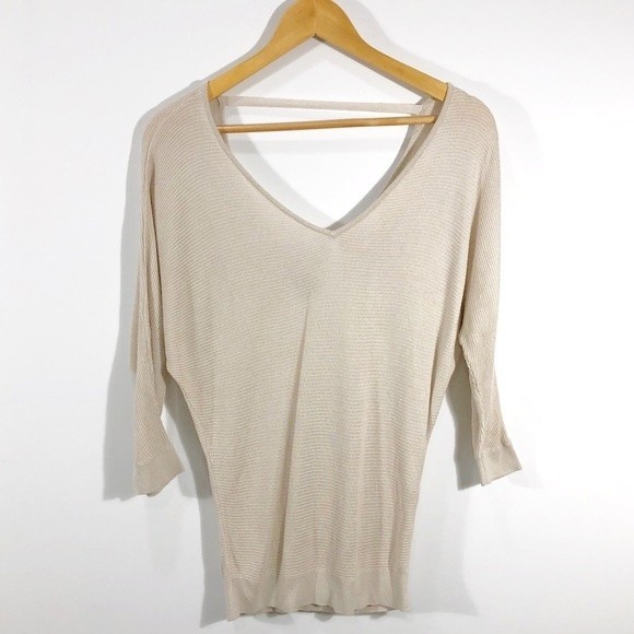 Express Beige Deep V-Neck Balloon Sleeve Sweater - Picture 2 of 8